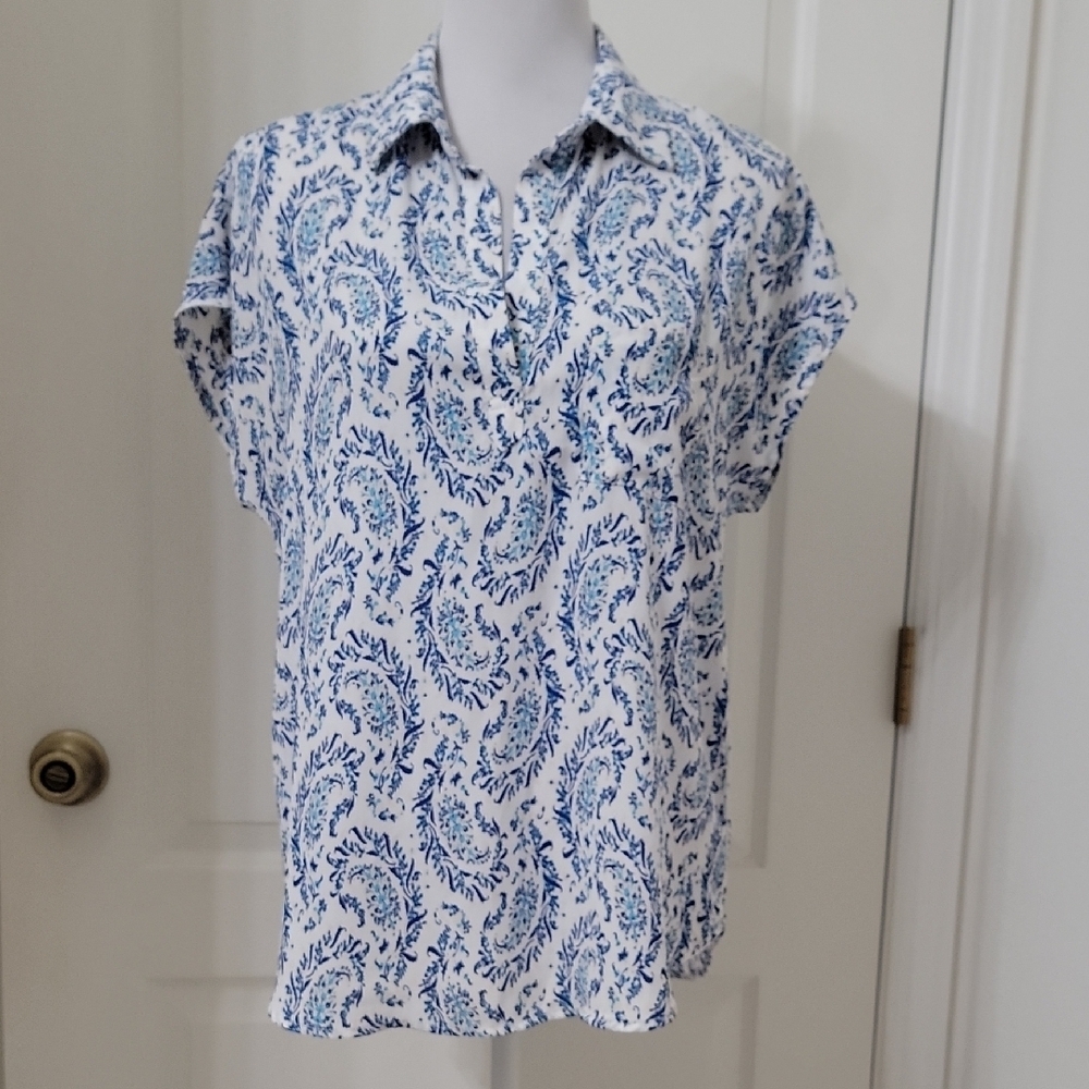 Pleione Size S French Blue Paisley Short Sleeve Blouse, Excellent Used Condition